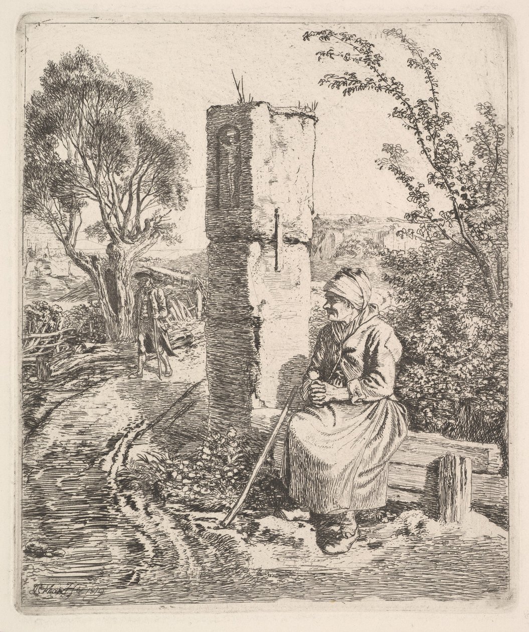 Una vecchia signora seduta vicino a un pilastro al lato della strada, 1819 da Johann Christian Erhard
