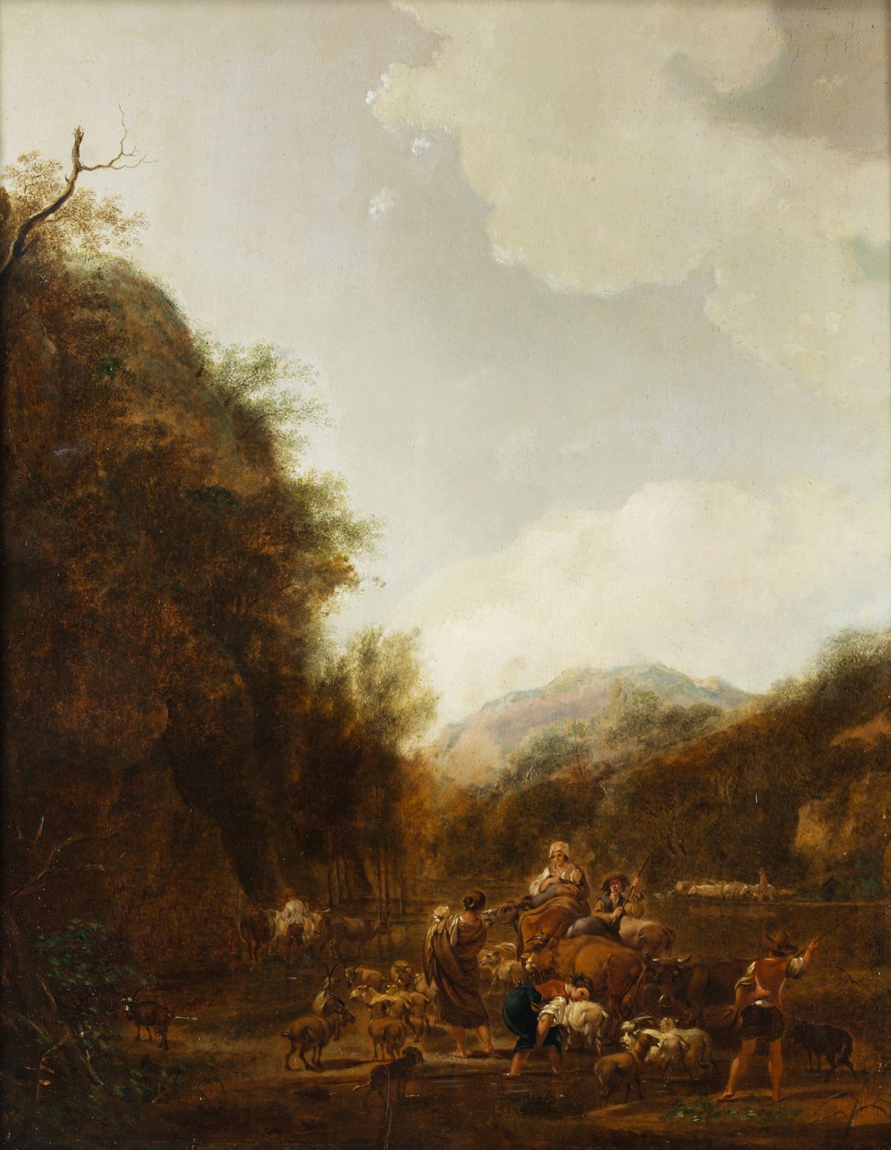 Paesaggio montano con pastori e bovini all