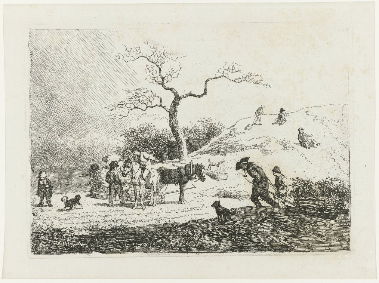 Paesaggio invernale con bambini in slitta e varie slitte trainate da Johann Christian Klengel