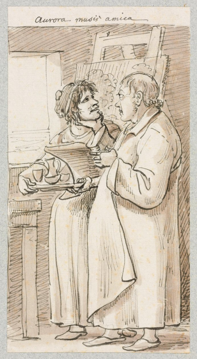 Un uomo anziano con una gonna lunga e una donna con una tazza di caffè in mano, in piedi davanti a un cavalletto da Johann Christian Reinhart