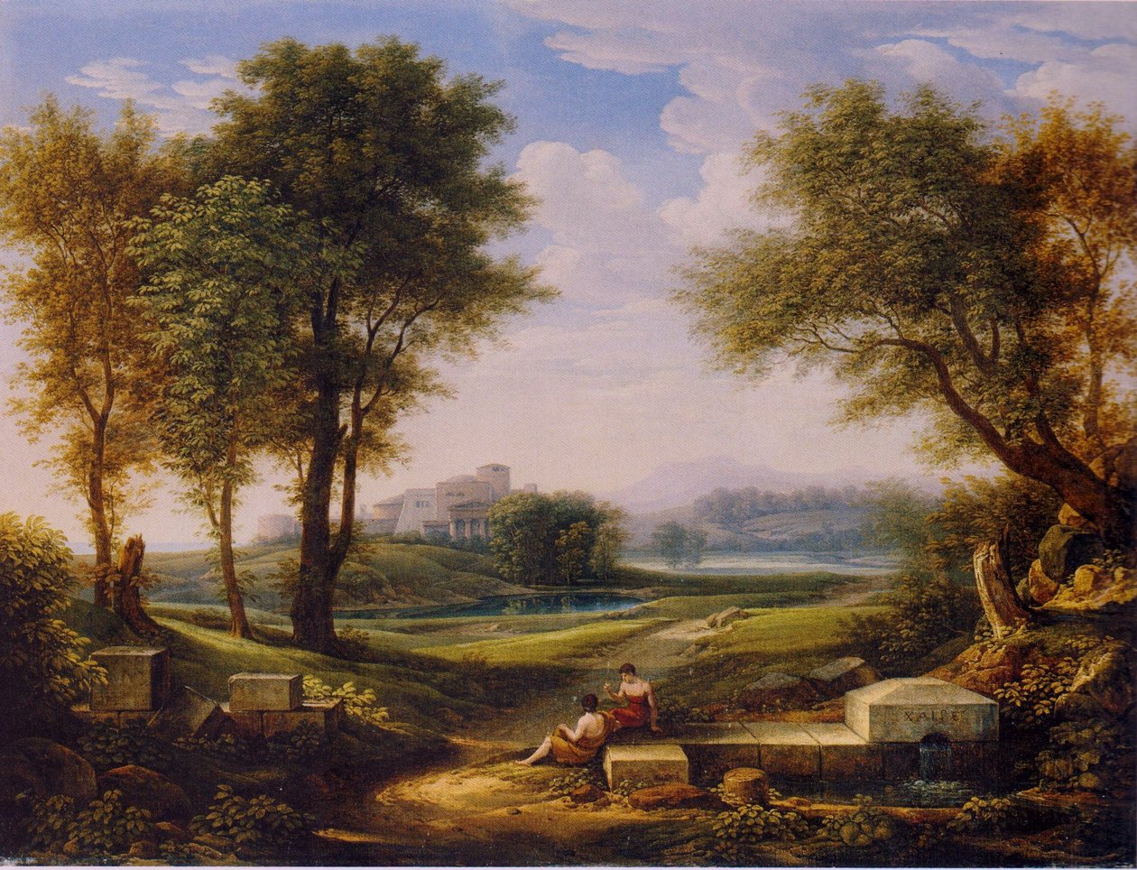 Tedesco: Paesaggio ideale con due pastori presso una sorgente. da Johann Christian Reinhart