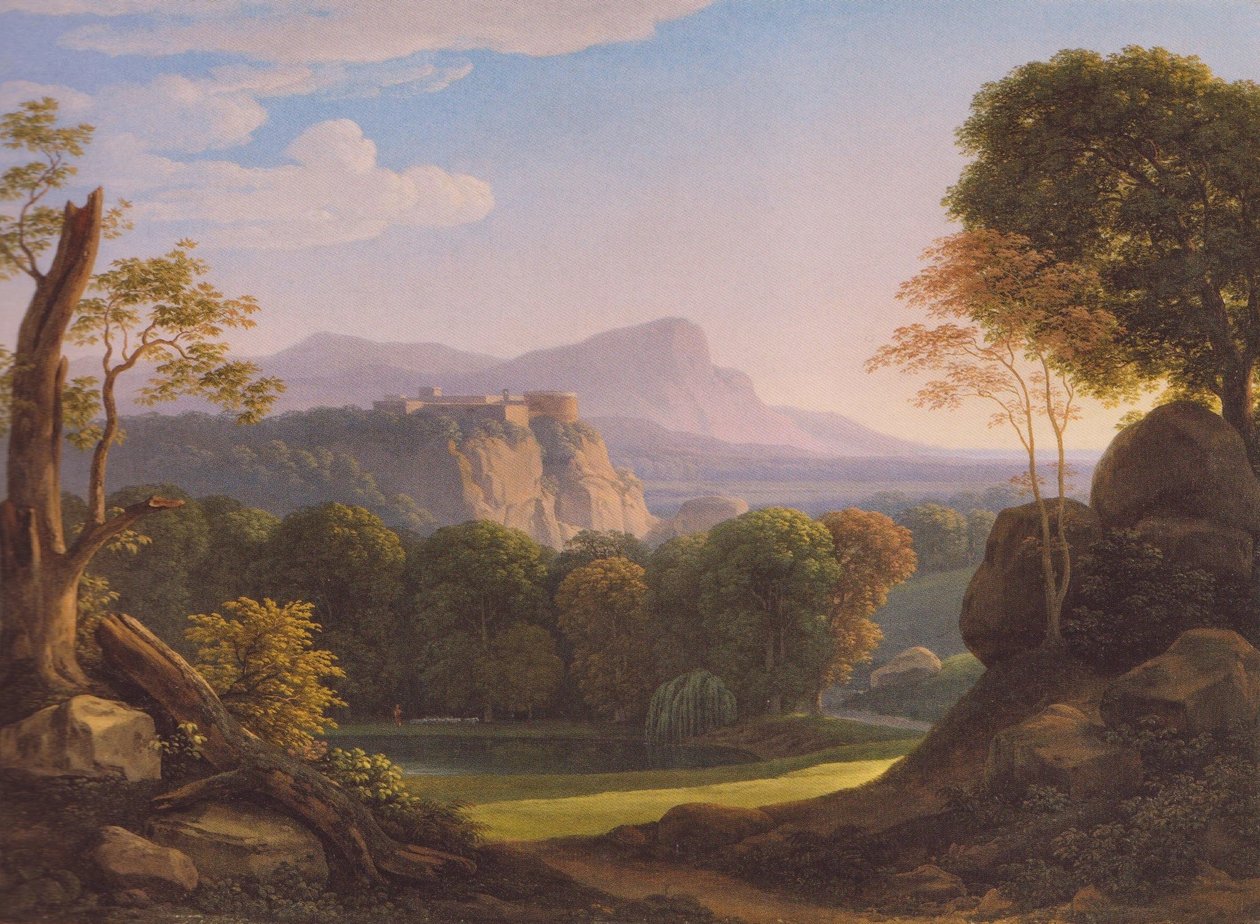 Tedesco: Italienische Landschaft mit Schloss auf einem Bergrücken Paesaggio italiano con castello su un crinale da Johann Christian Reinhart