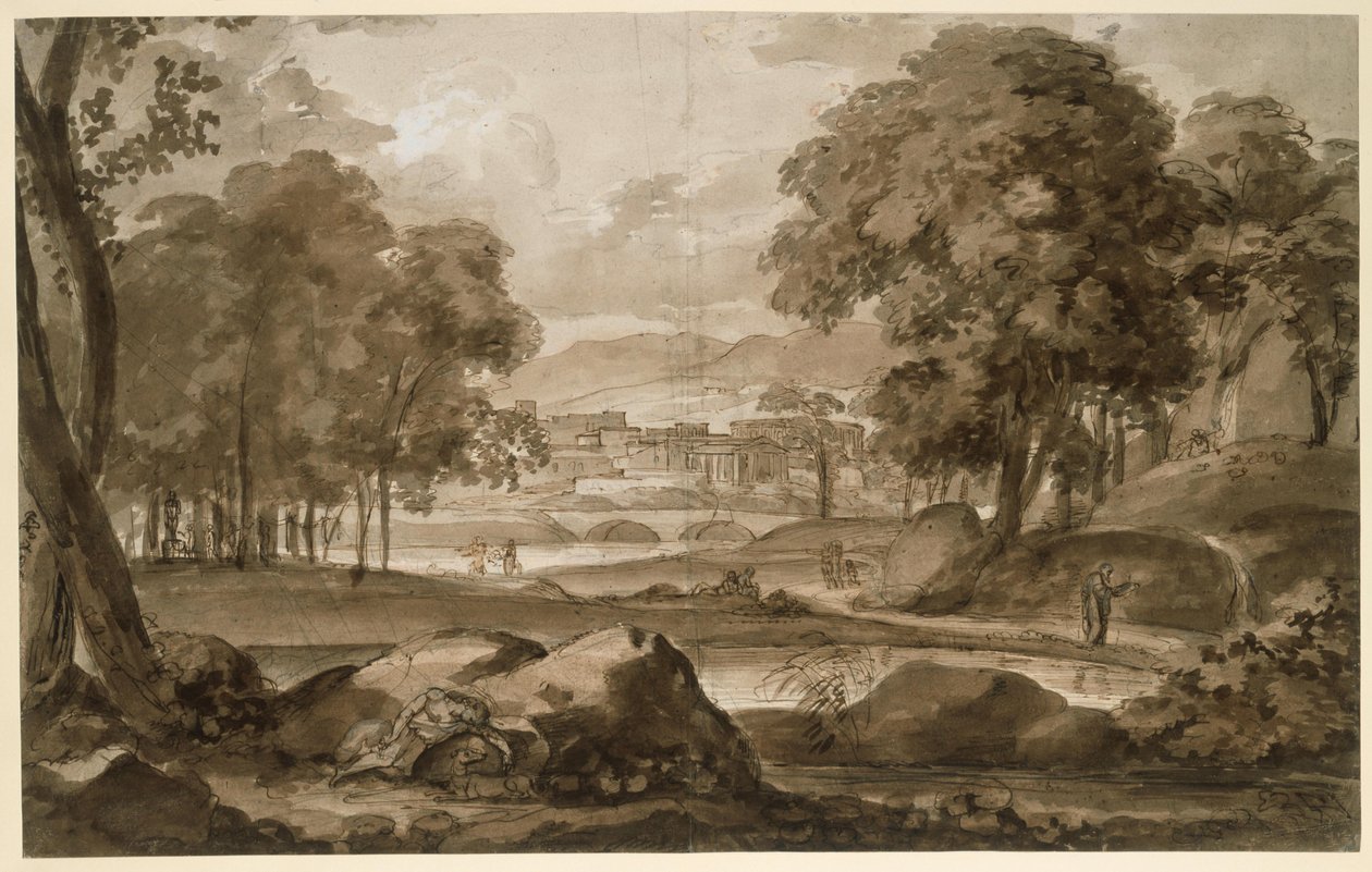 Ampio paesaggio boschivo con città antica e decorazioni figurative da Johann Christian Reinhart