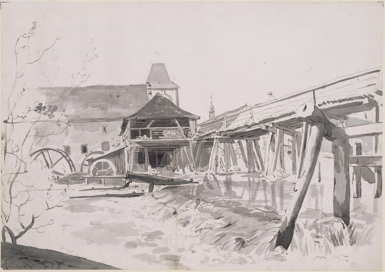 Ponte di legno con diga e mulino ad acqua da Johann Christian Reinhart