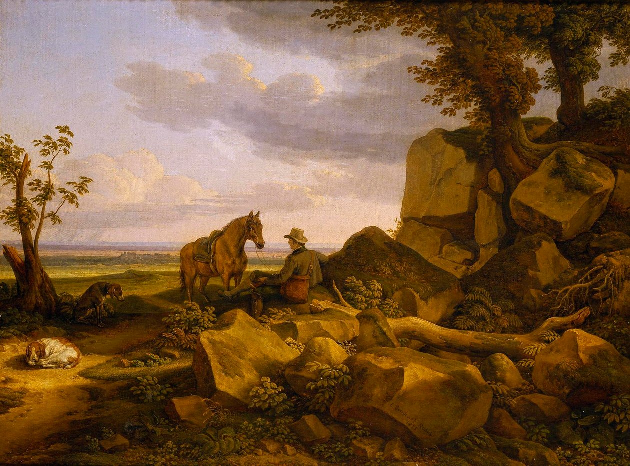 Paesaggio italiano con cacciatore a riposo, autoritratto da Johann Christian Reinhart