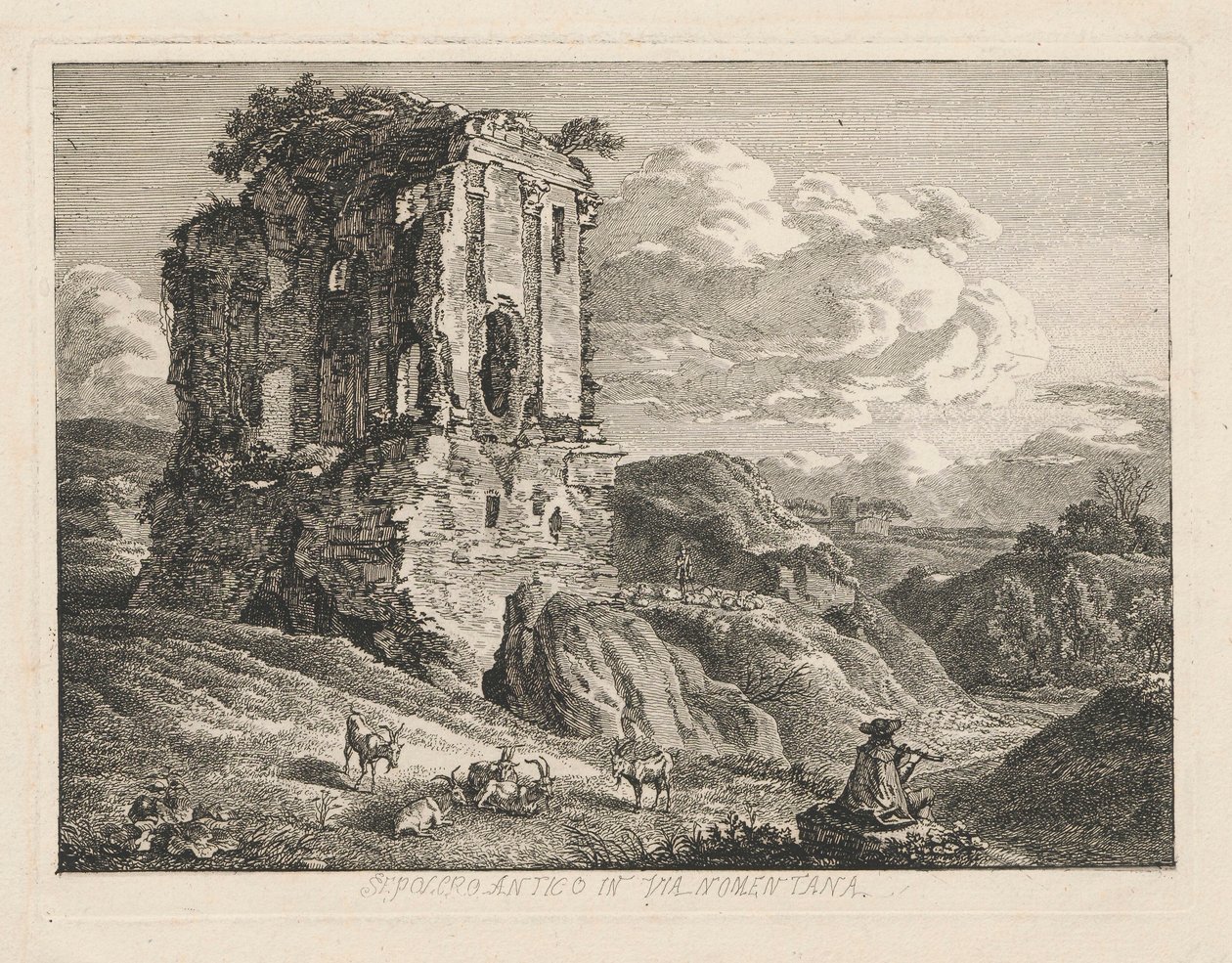 Paesaggio con una tomba antica; sulla destra, delle capre e un pastore che suona il flauto da Johann Christian Reinhart