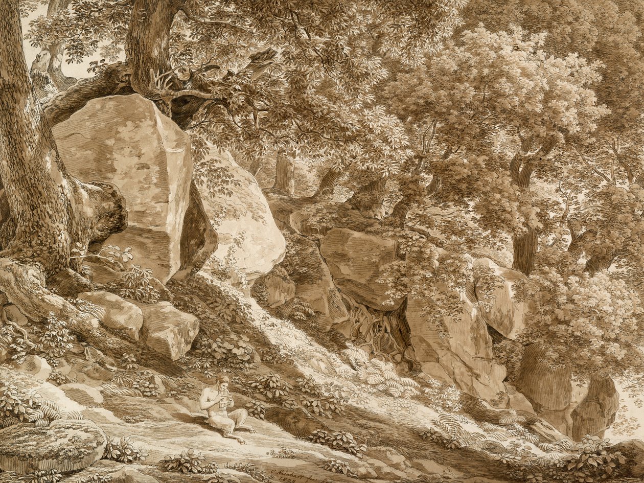 Paesaggio roccioso con Pan che suona il flauto (Nel parco della Villa Chigi, Ariccia) da Johann Christian Reinhart