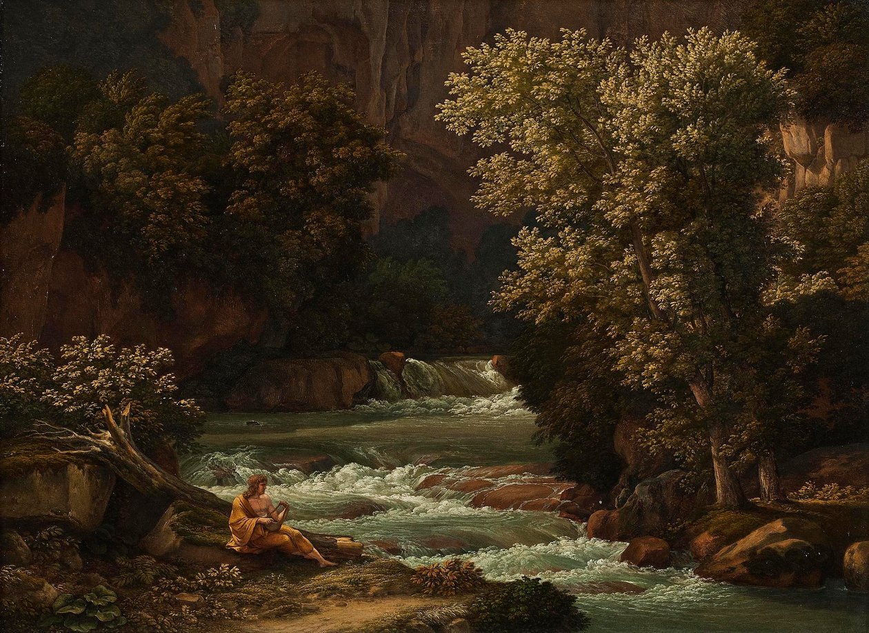 Veduta del Ponte Lupo presso Tivoli, con una persona che suona la lira in primo piano da Johann Christian Reinhart