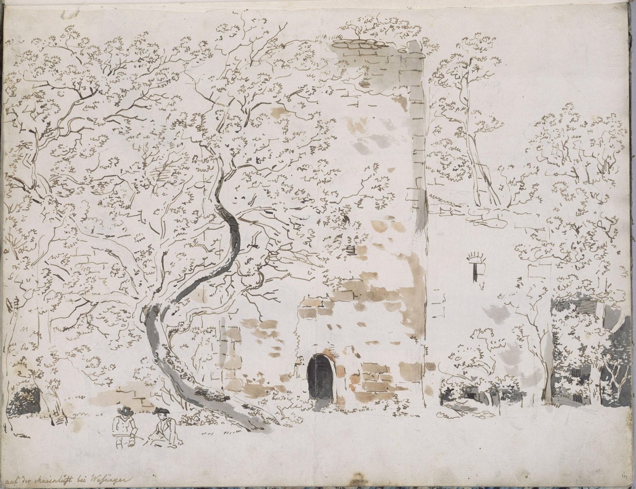 Due disegnatori davanti a un castello dietro gli alberi: alla Maienlust presso Wasungen da Johann Christian Reinhart
