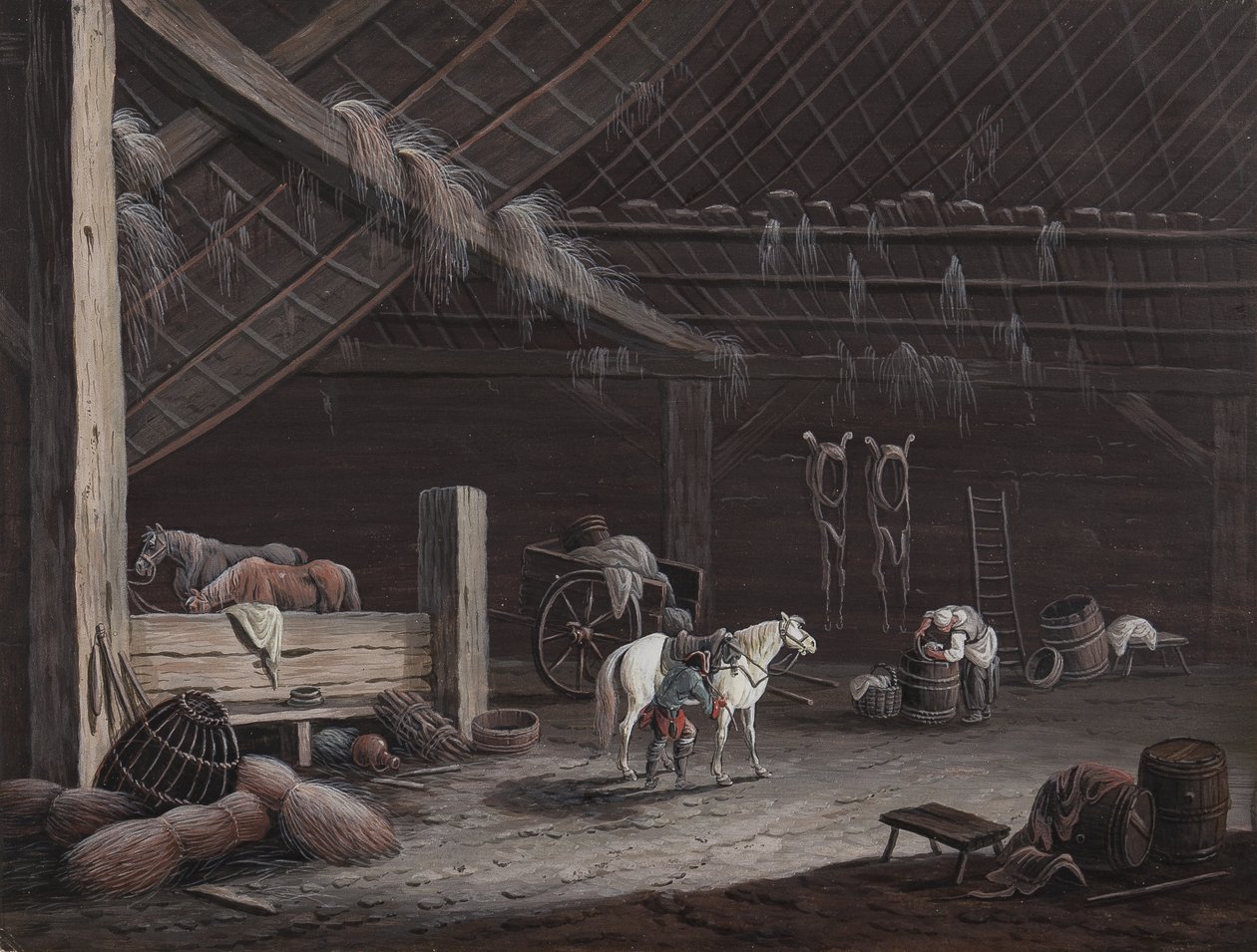 Il cavallo bianco: interno del fienile da Johann Christoph Dietzsch