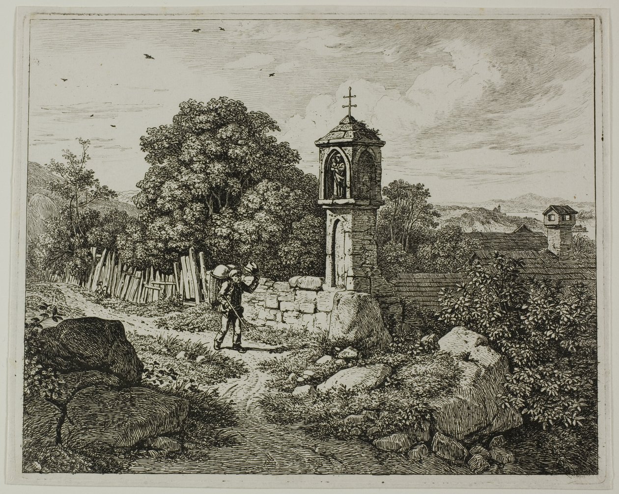 Contadino che saluta un santuario della Madonna lungo la strada, tavola uno da Die zwei grossen Landschaften mit den Betsäulen da Johann Christoph Erhard