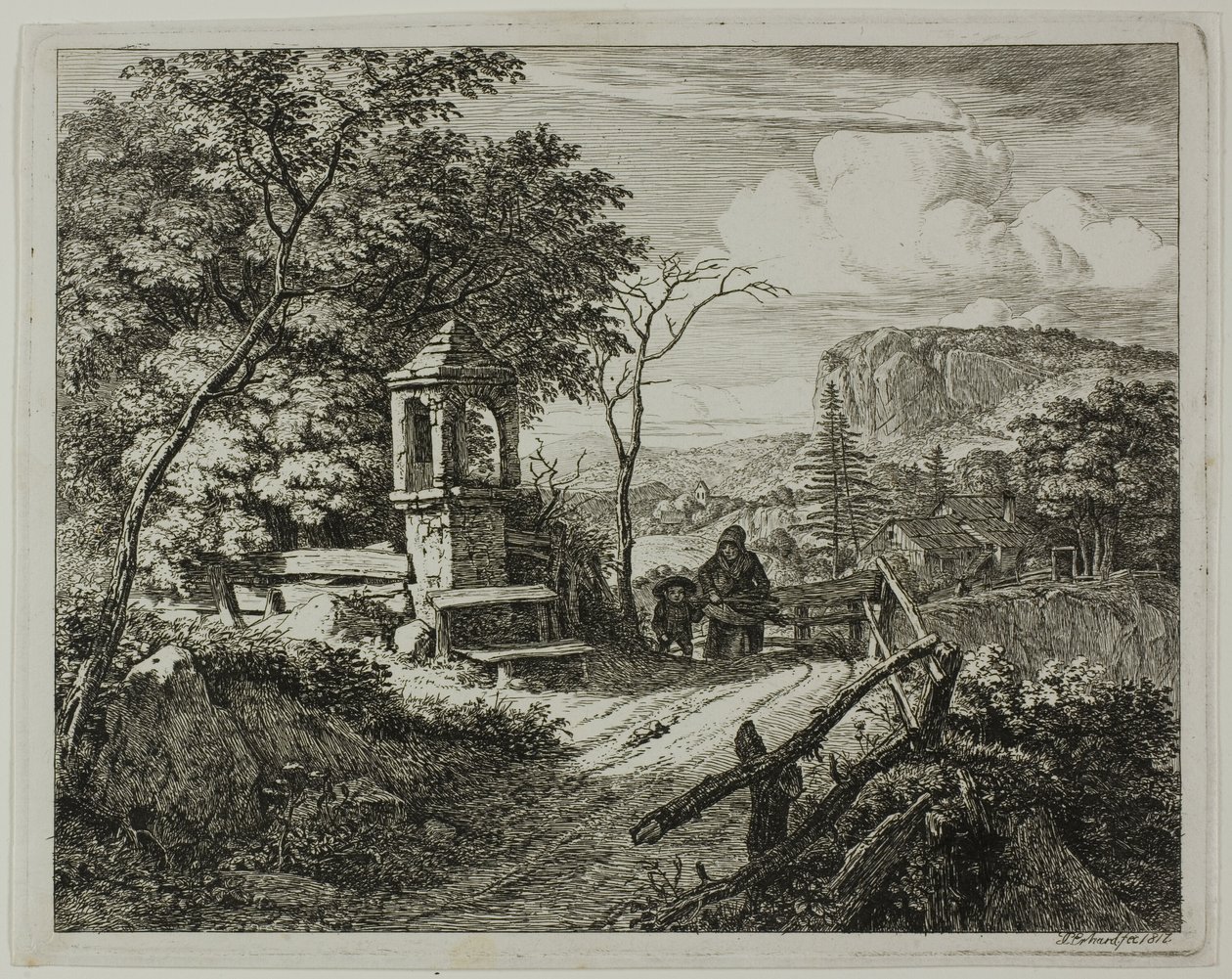 Raccoglitore di legna con un ragazzo, tavola due da Die zwei grossen Landschaften mit den Betsäulen da Johann Christoph Erhard