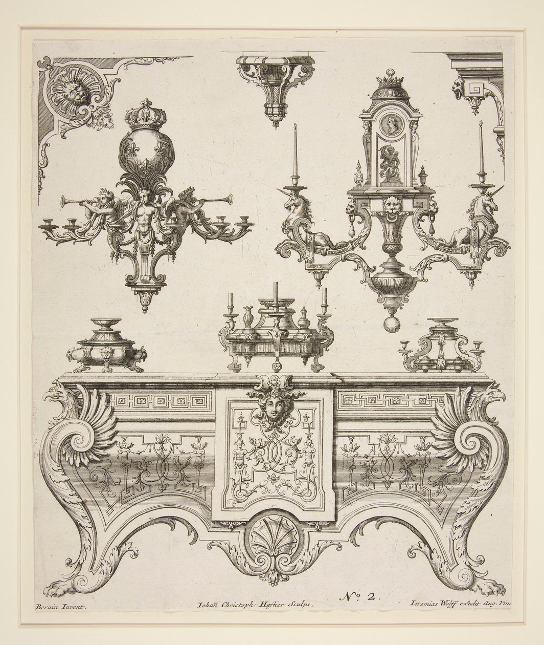 Foglio di disegni ornamentali da Johann Christoph Hafner
