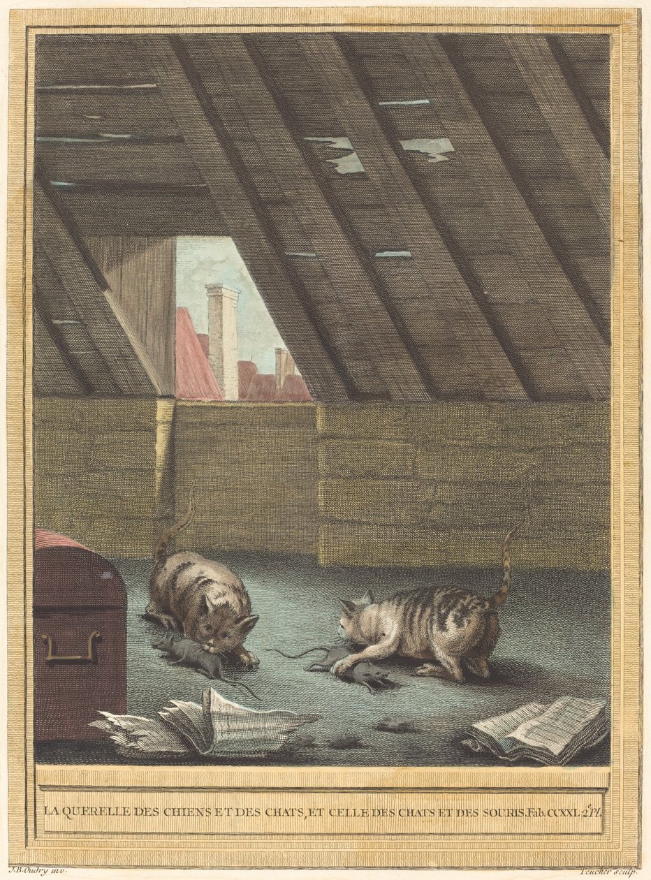La lite tra cani e gatti e quella tra gatti e topi da Johann Christoph Teucher after Jean Baptiste Oudry