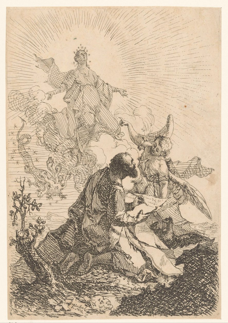 Giovanni ha una visione a Patmos in cui la Vergine sconfigge il drago a sette teste da Johann Cimbal
