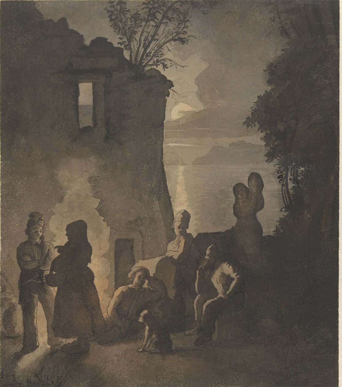 Savoiardi che riposano vicino a un fuoco sulla riva di un lago di sera da Johann Conrad Seekatz