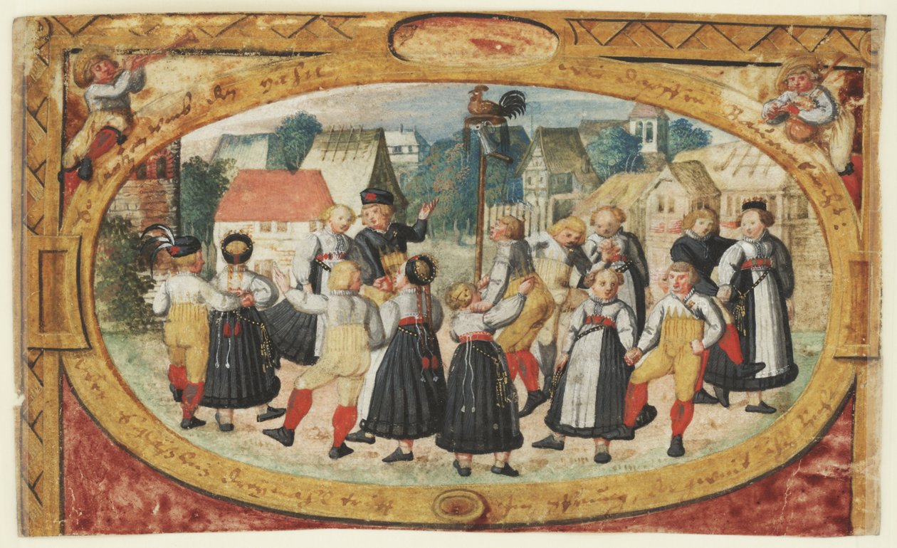 Miniatura di un gioco per bambini: bambini che danzano intorno al gallo da Johann Daniel Schmied