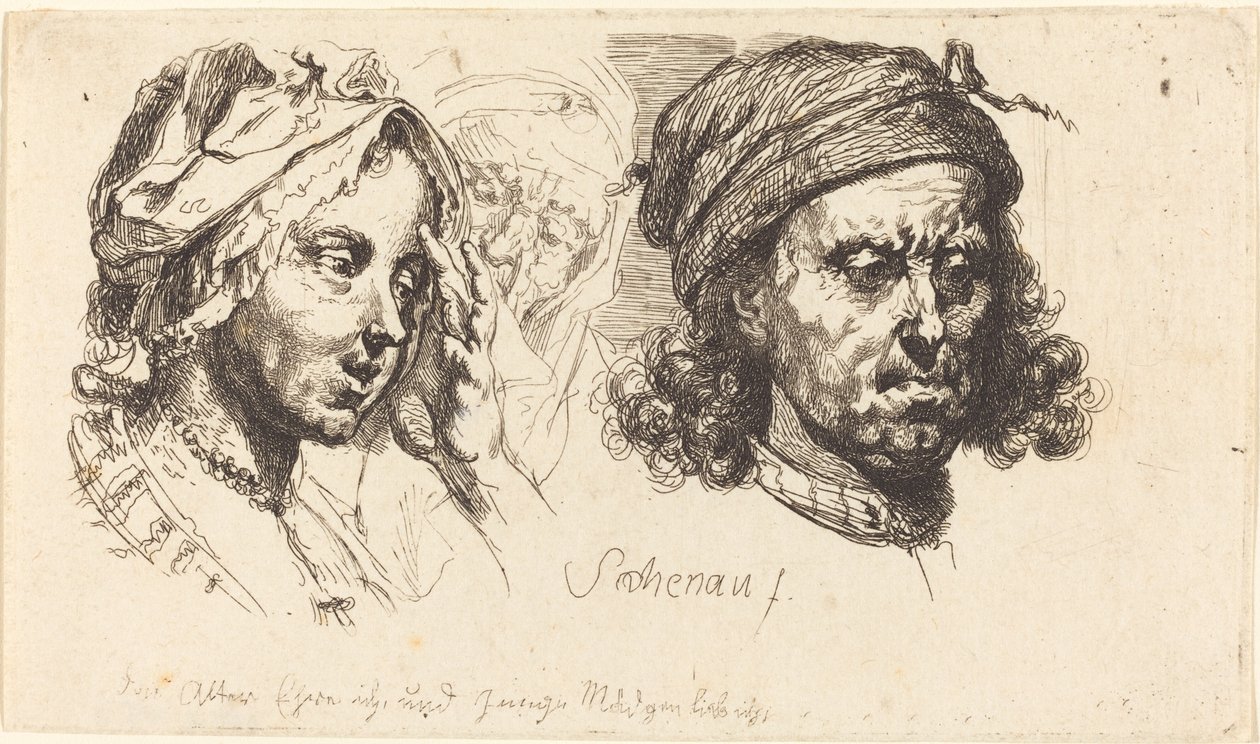 Giovane donna, vecchia donna e uomo con i capelli lunghi da Johann Eleazar Schenau