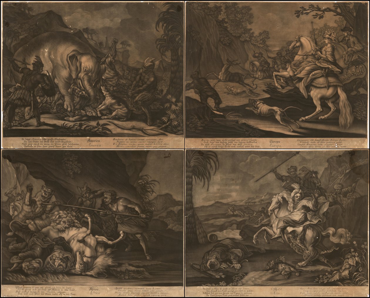 Ca. 1770 mezzetinte allegoriche di Africa, Asia, America ed Europa su un