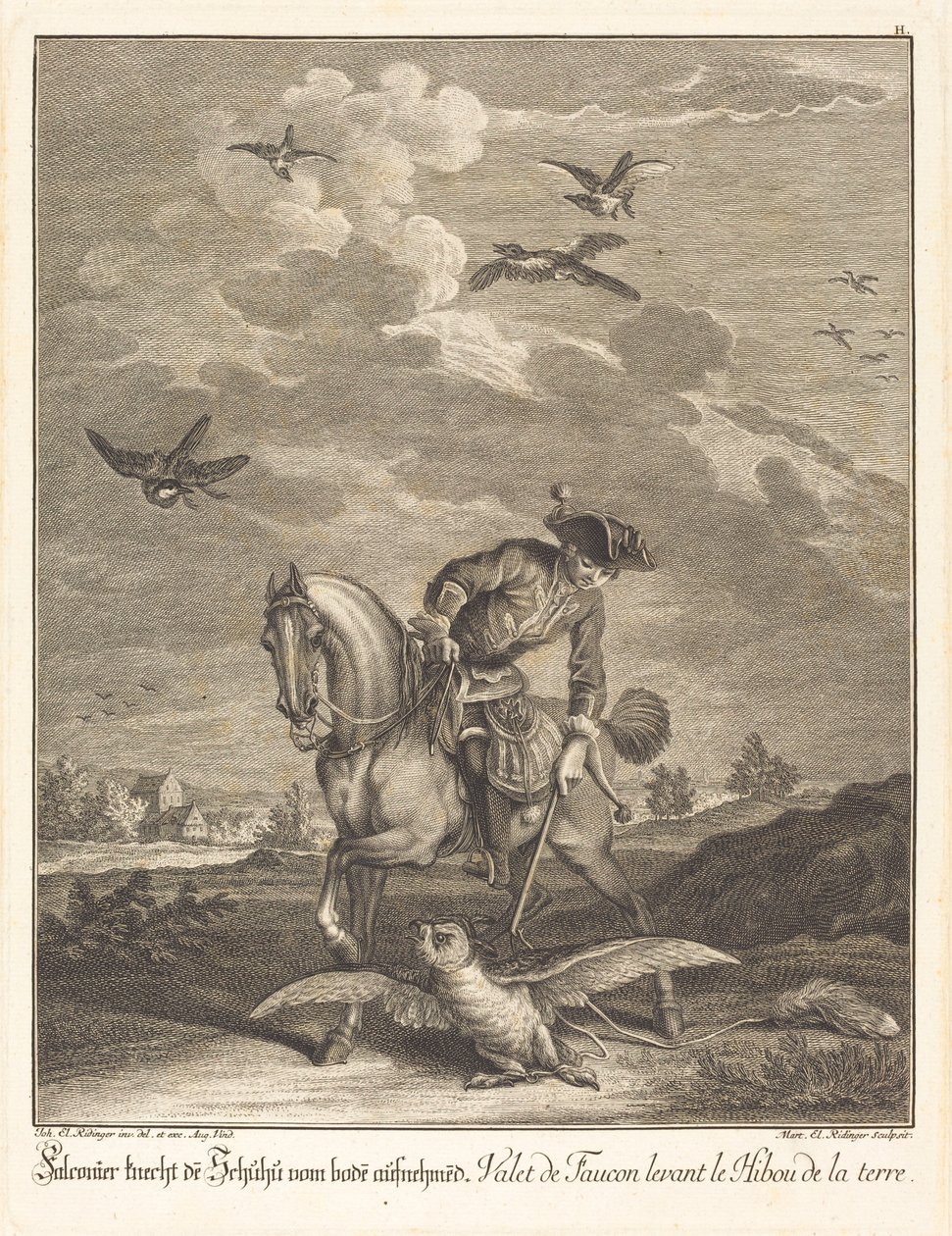 Falconiere che solleva un gufo dal terreno da Johann Elias Ridinger