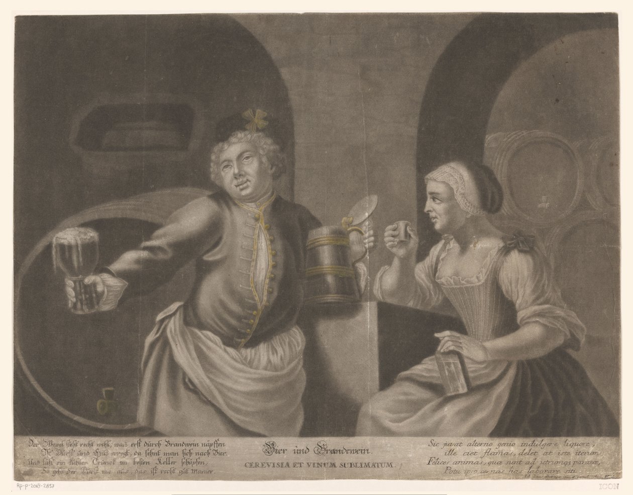 Uomo e donna bevono birra e brandy da Johann Elias Ridinger