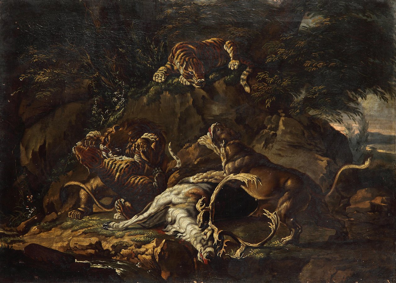 Predatori e cervo sbranato da Johann Elias Ridinger