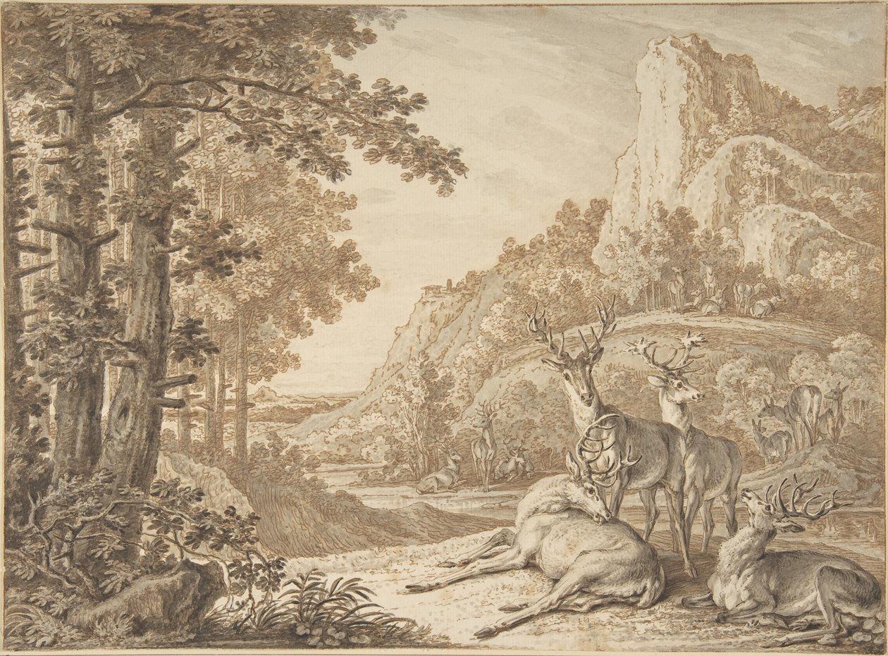 Cervi in un paesaggio da Johann Elias Ridinger