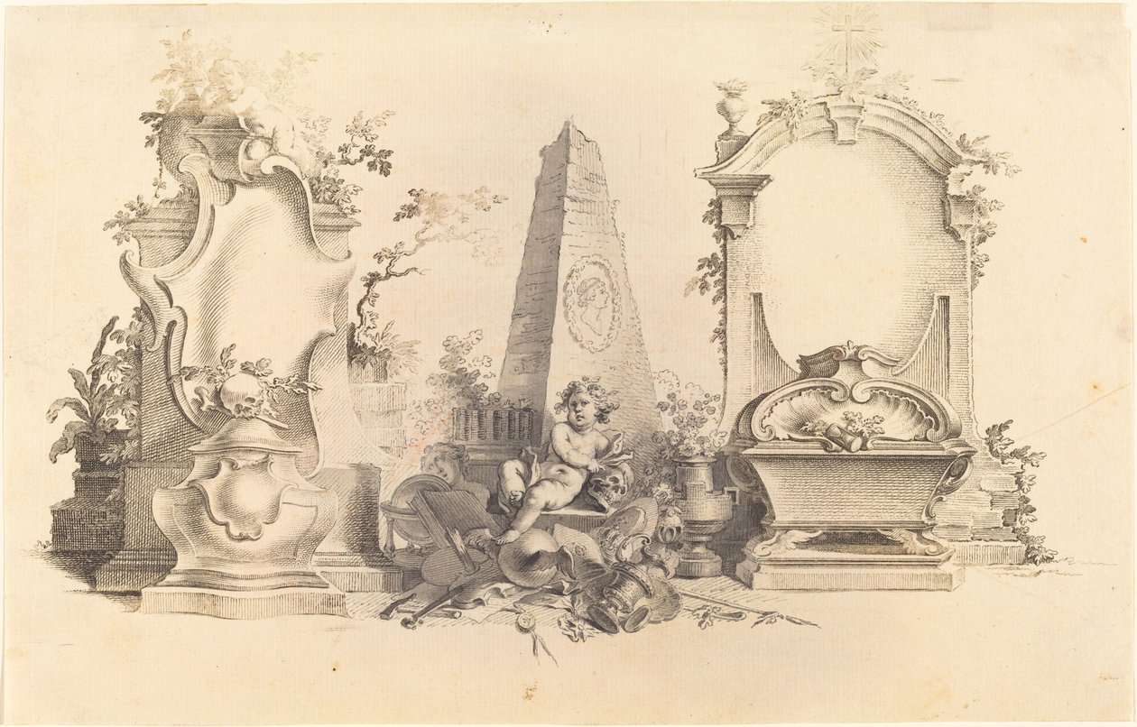 Cartouche moderno con emblemi della morte da Johann Esaias Nilson