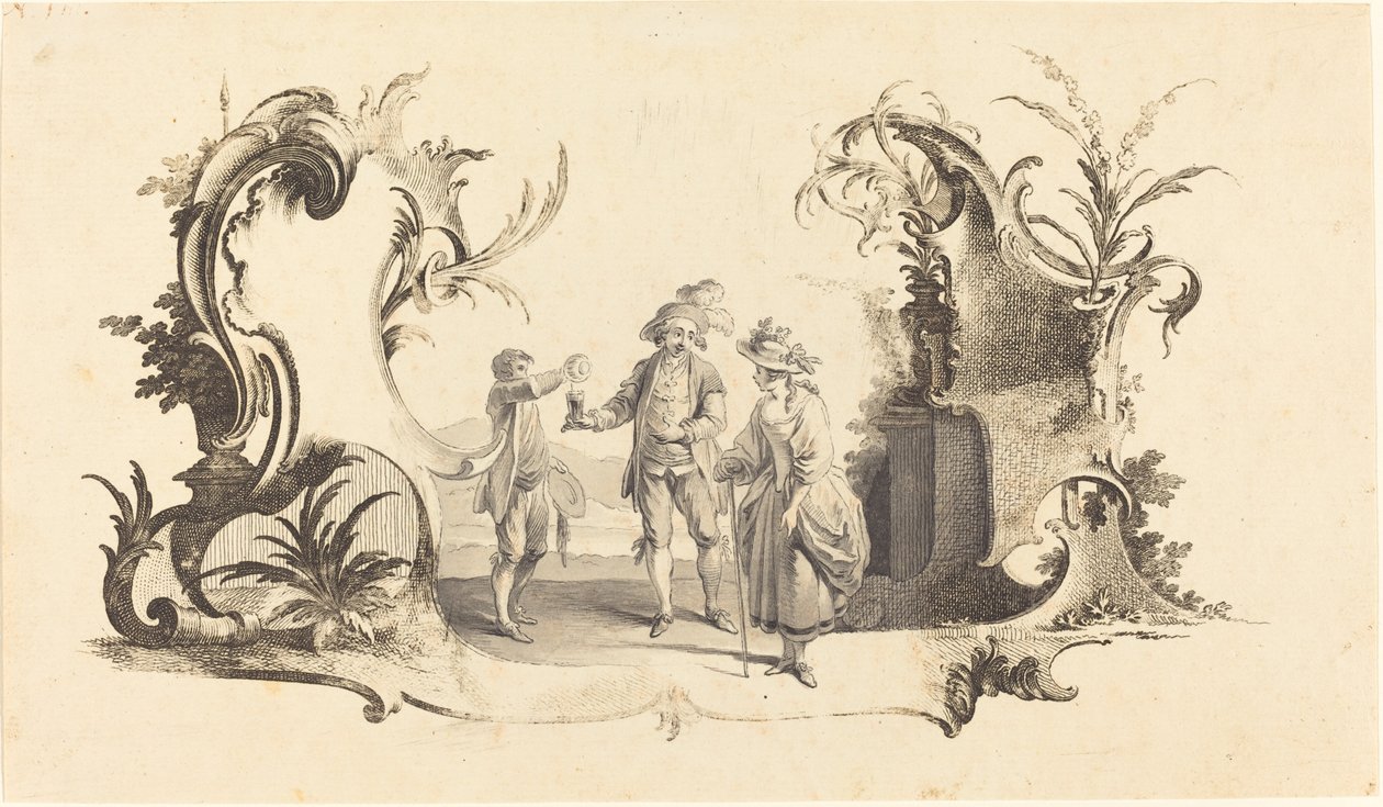 Cartouche Moderne con una Coppia di Giovani Serviti con Vino da Johann Esaias Nilson