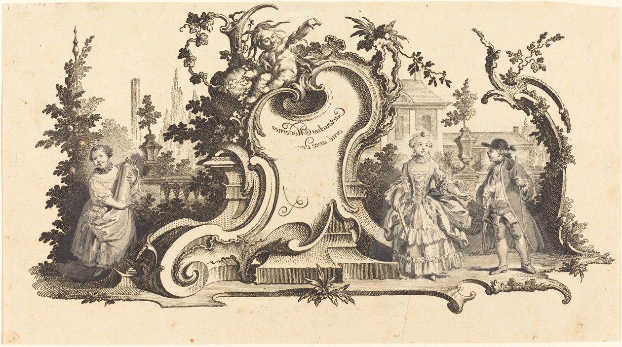 Cartouches Modernes ornati con diverse Figure (Tavola VI-1 dal set) da Johann Esaias Nilson