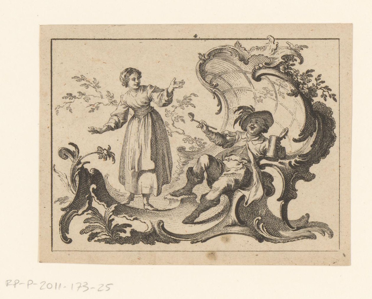 Uomo che fuma e beve seduto su un ornamento rococò (fumatori su ornamento rococò) da Johann Esaias Nilson