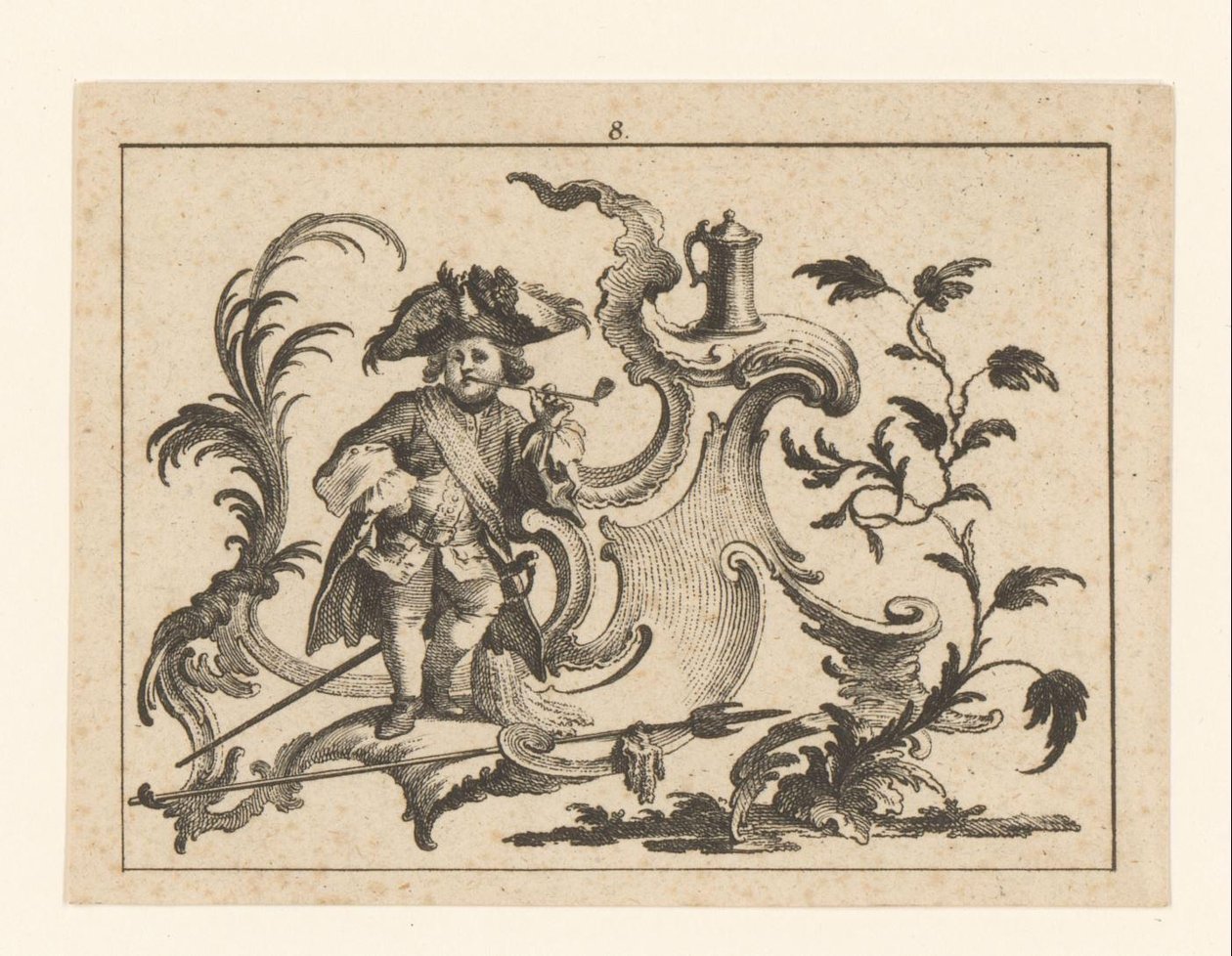 Uomo che fuma la pipa appoggiato a un ornamento rococò da Johann Esaias Nilson