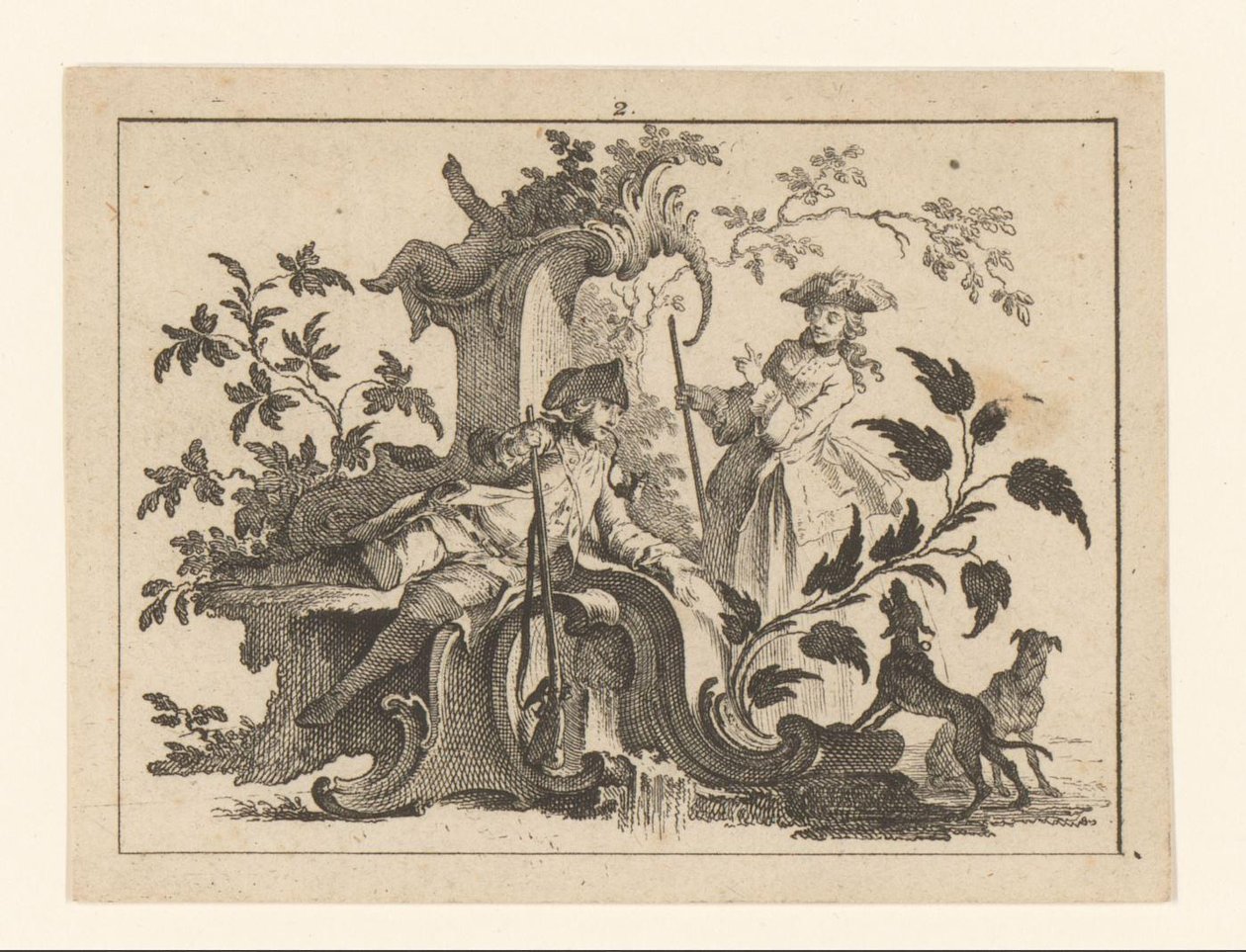 Uomo che fuma la pipa con fucile e donna con due cani su un ornamento rococò da Johann Esaias Nilson