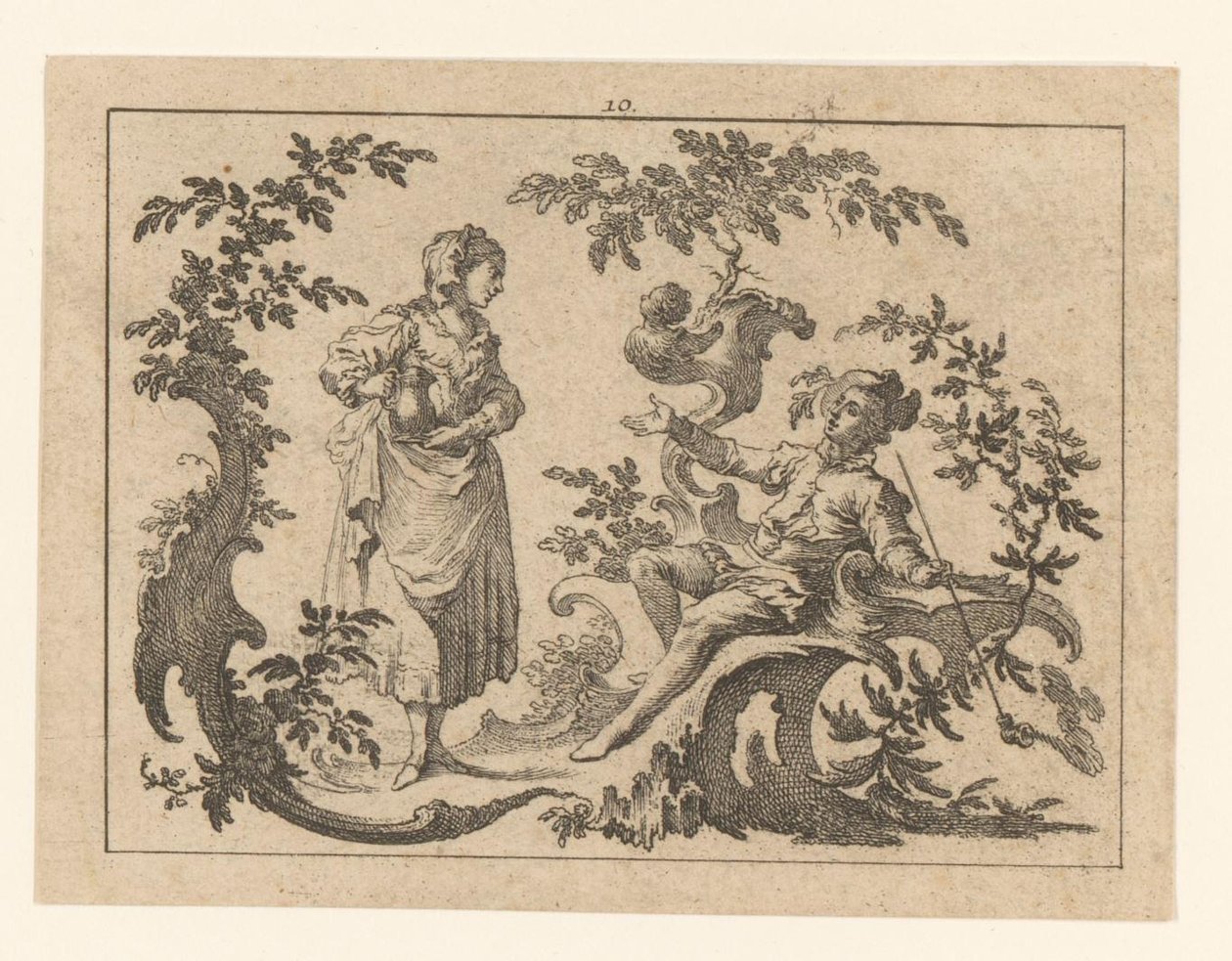 Uomo seduto che fuma, accanto a lui una donna in piedi con una brocca su un ornamento rococò (fumatori su ornamento rococò) da Johann Esaias Nilson