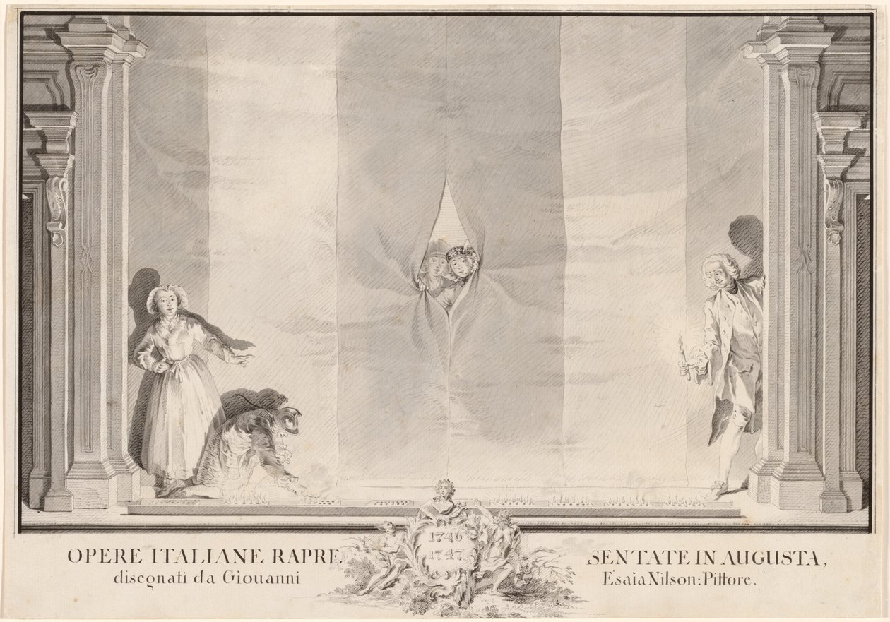 Due Attori che Sbirciano attraverso una Tenda del Teatro mentre Altri Preparano le Luci di Scena da Johann Esaias Nilson