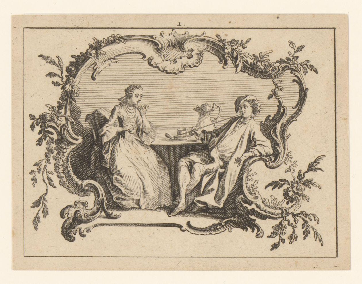 Donna e uomo che fuma la pipa a un tavolo in una cartouche da Johann Esaias Nilson
