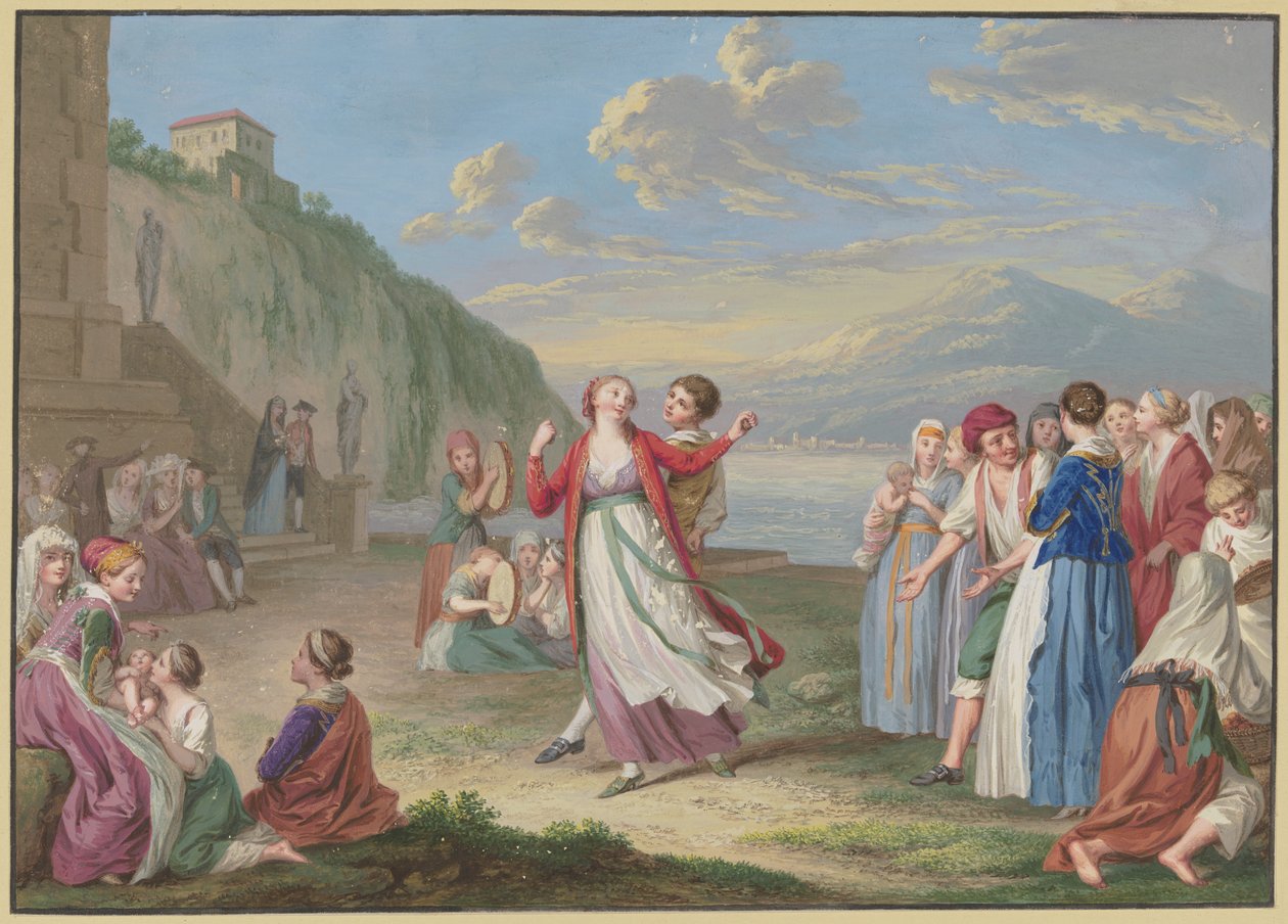Contadini italiani si intrattengono sulla riva del lago con giochi e danze, sullo sfondo alte montagne da Johann Friedrich August Tischbein