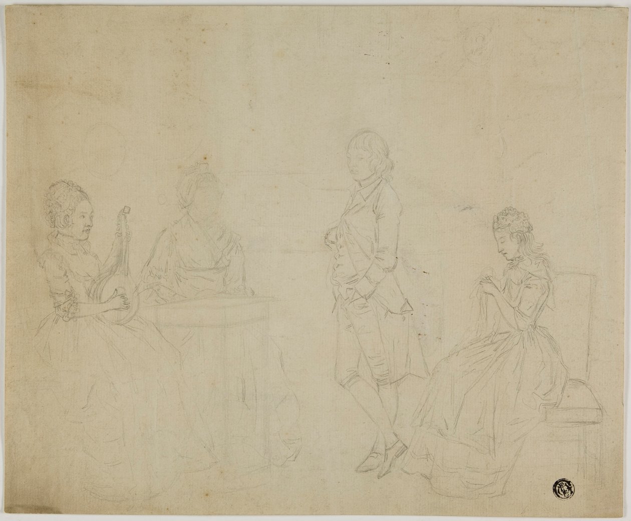 Schizzo di gruppo familiare con tre donne sedute e un giovane in piedi da Johann Friedrich August Tischbein