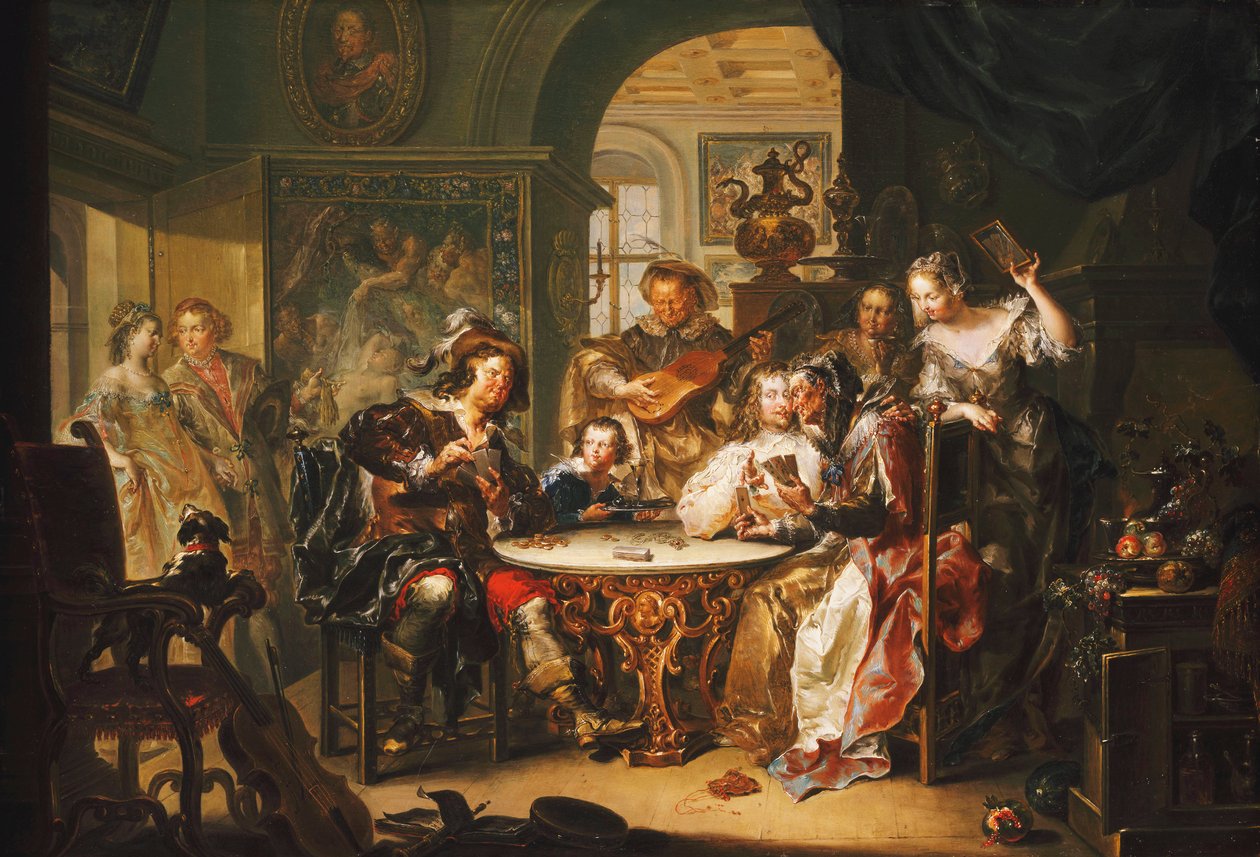 Un Gentiluomo che bara a Carte con una Signora Anziana in un Interno Sontuoso da Johann Georg Platzer