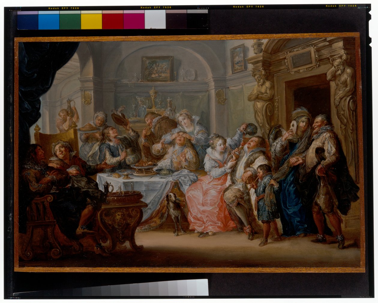 Interno con figure eleganti in costume da mascherata che festeggiano da Johann Georg Platzer