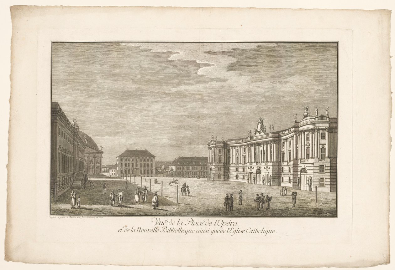 Veduta della Bebelplatz a Berlino con la Biblioteca Vecchia e il Palazzo Vecchio e la Cattedrale di Sant