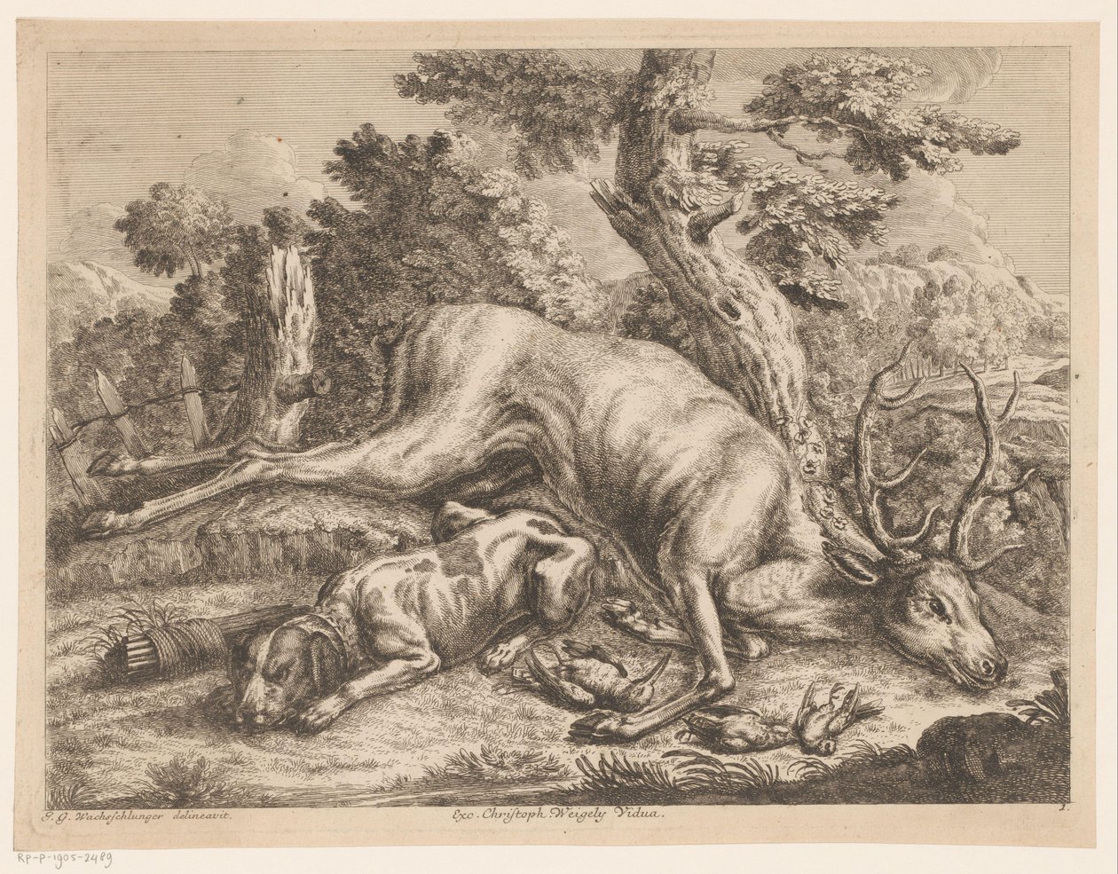 Cane da caccia e preda con cervo e uccelli da Johann Georg Wachsschlunger
