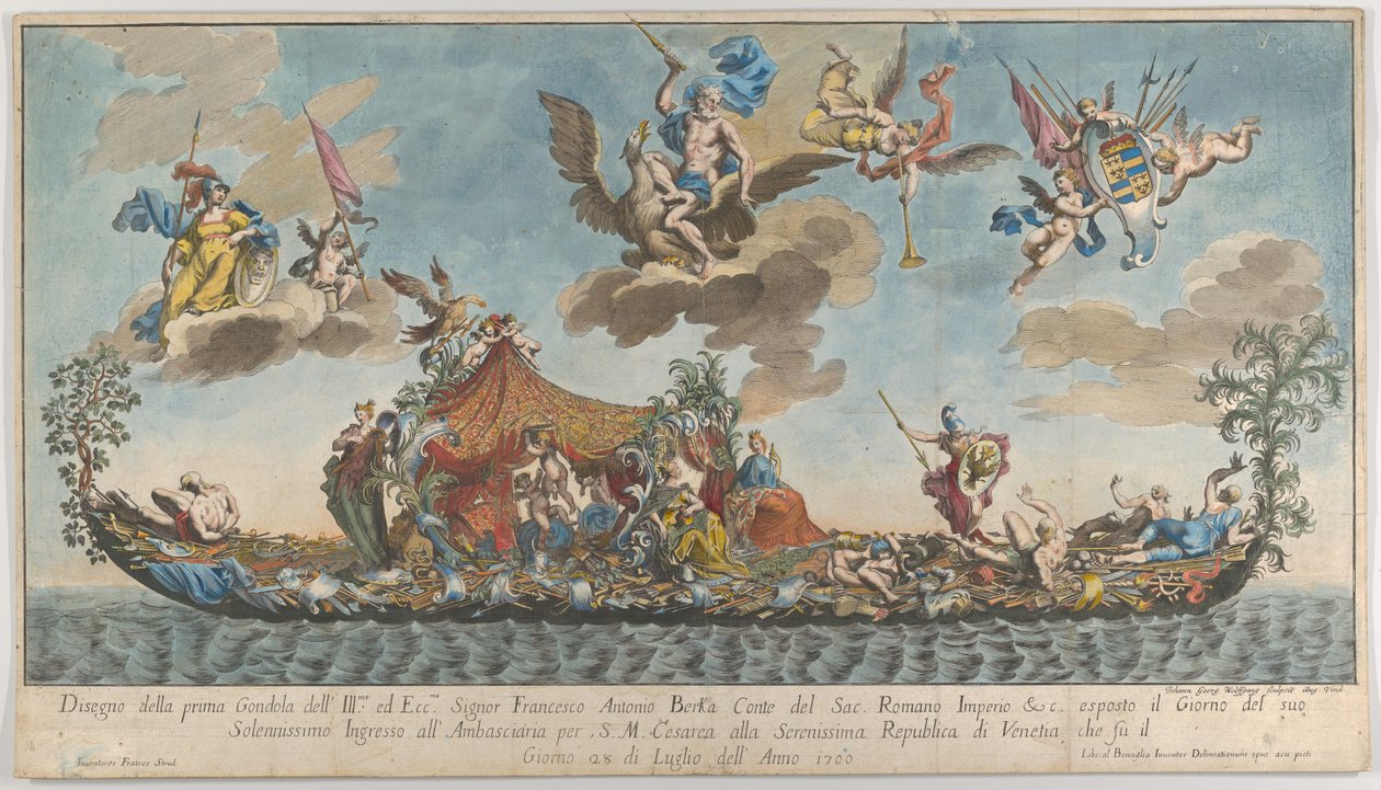 La prima gondola altamente ornata di Francesco Antonio Berka entra a Venezia, Dei su cl... da Johann Georg Wolfgang