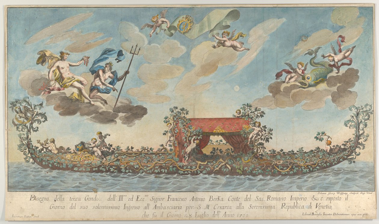 La terza gondola altamente ornata di Francesco Antonio Berka entra a Venezia, Dei su cl... da Johann Georg Wolfgang