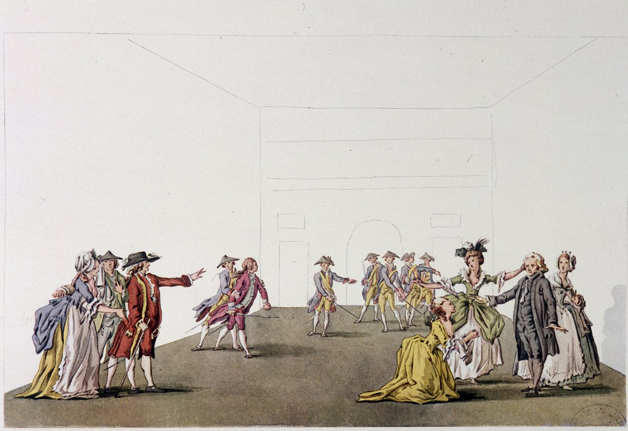 Ultima scena del "Padre di famiglia" di Denis Diderot - facsimile - incisione da un disegno di Ziesenis, Coutellier, in "Storia generale illustrata del teatro" da Johann Georg Ziesenis