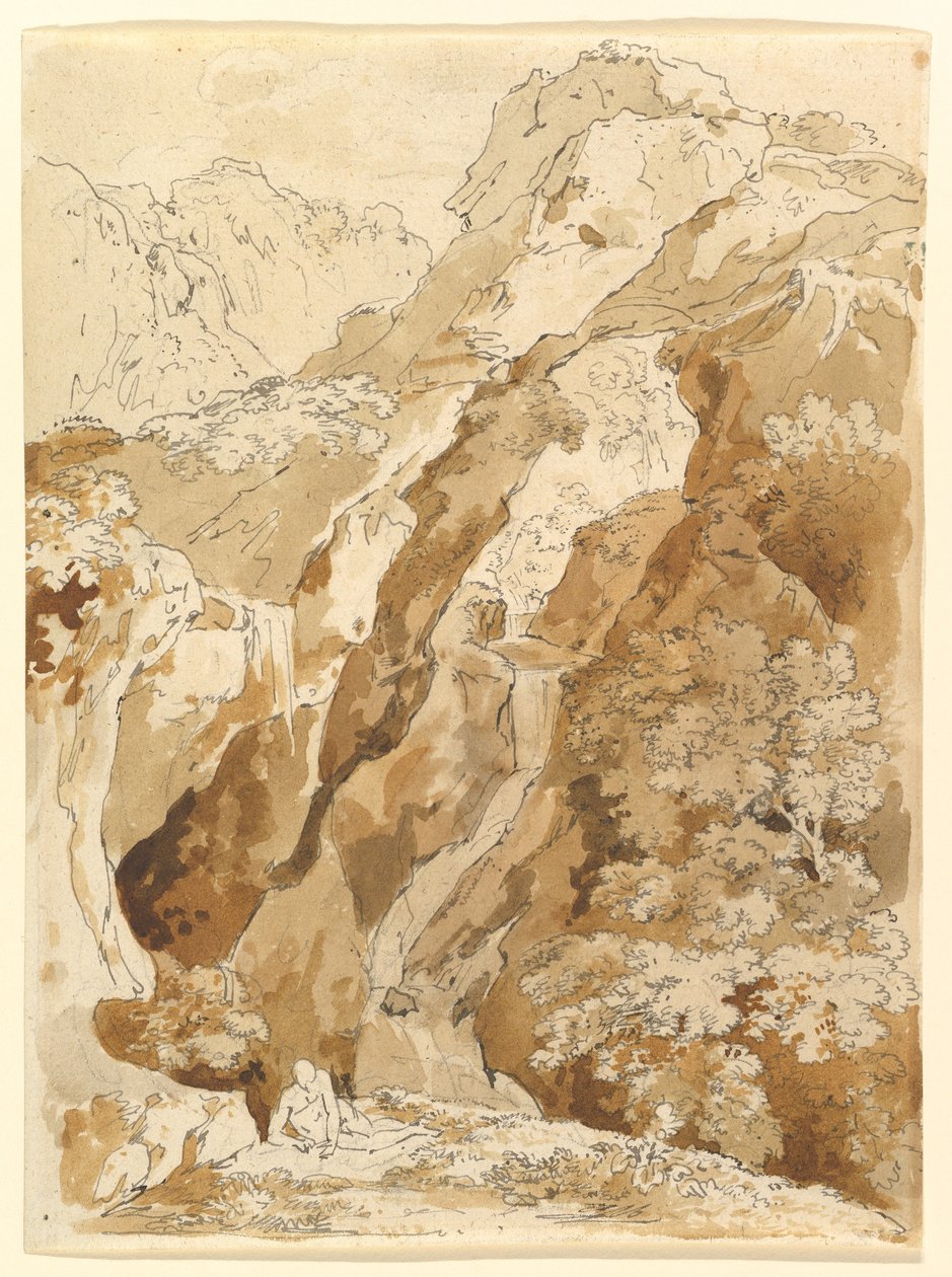 Uomo sdraiato in un paesaggio montuoso con cascate da Johann Georg von Dillis