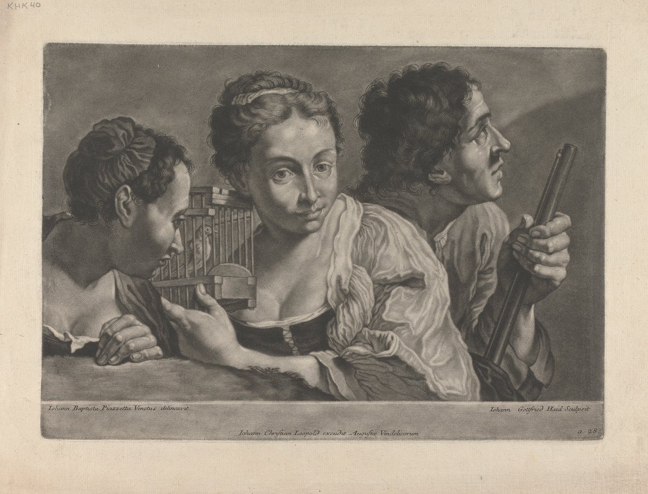 Due donne che ascoltano un uccello, con un uomo che tiene un fucile da Johann Gottfried Haid