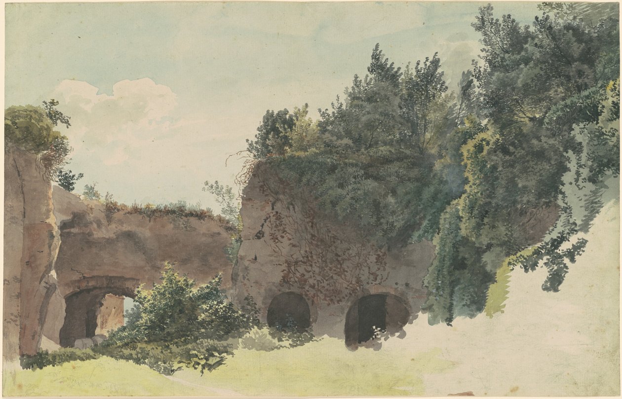 Rovine romane antiche ricoperte di alberi e cespugli da Johann Gottfried Klinsky