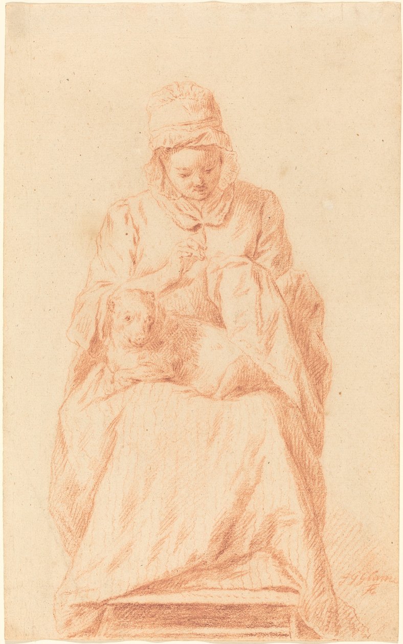 Giovane donna che cuce con un cane in grembo da Johann Gottlieb Glume
