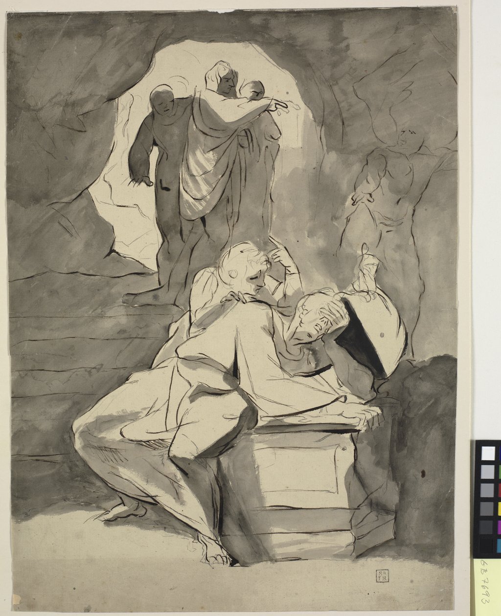 Un uomo in disperazione su una lapide in una grotta con altre figure da Johann Heinrich Füssli